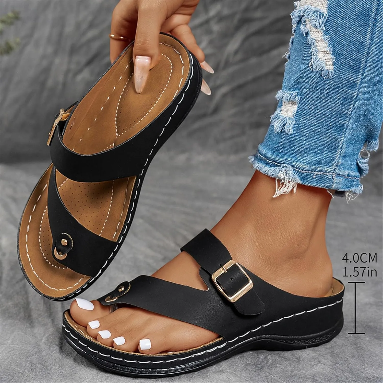 Women's Summer Arch Support Casual Leather Sandals Retro Comfortable Ring Toe Belt Buckle Wedge Flat Beach Sandals Walking Shoes