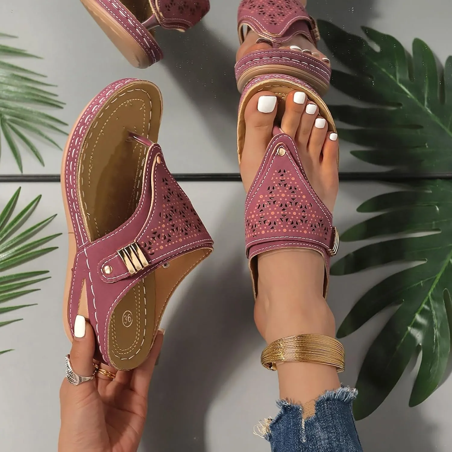 Womens Wedge Flip Flops with Arch Support Summer Slip On Beach Sandals Comfortable Wide Width Beach Flip Flops Open Toe Orthopedic Sandals