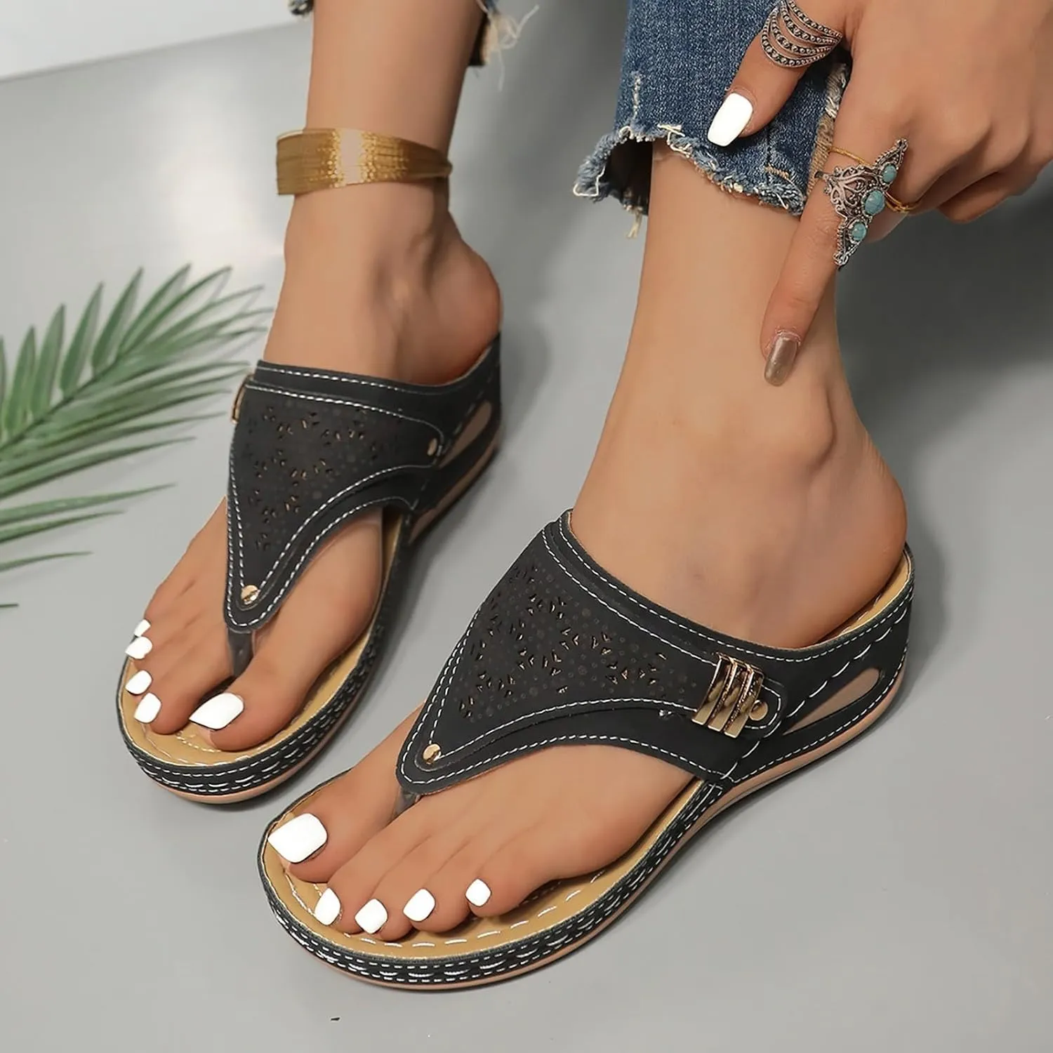 Womens Wedge Flip Flops with Arch Support Summer Slip On Beach Sandals Comfortable Wide Width Beach Flip Flops Open Toe Orthopedic Sandals