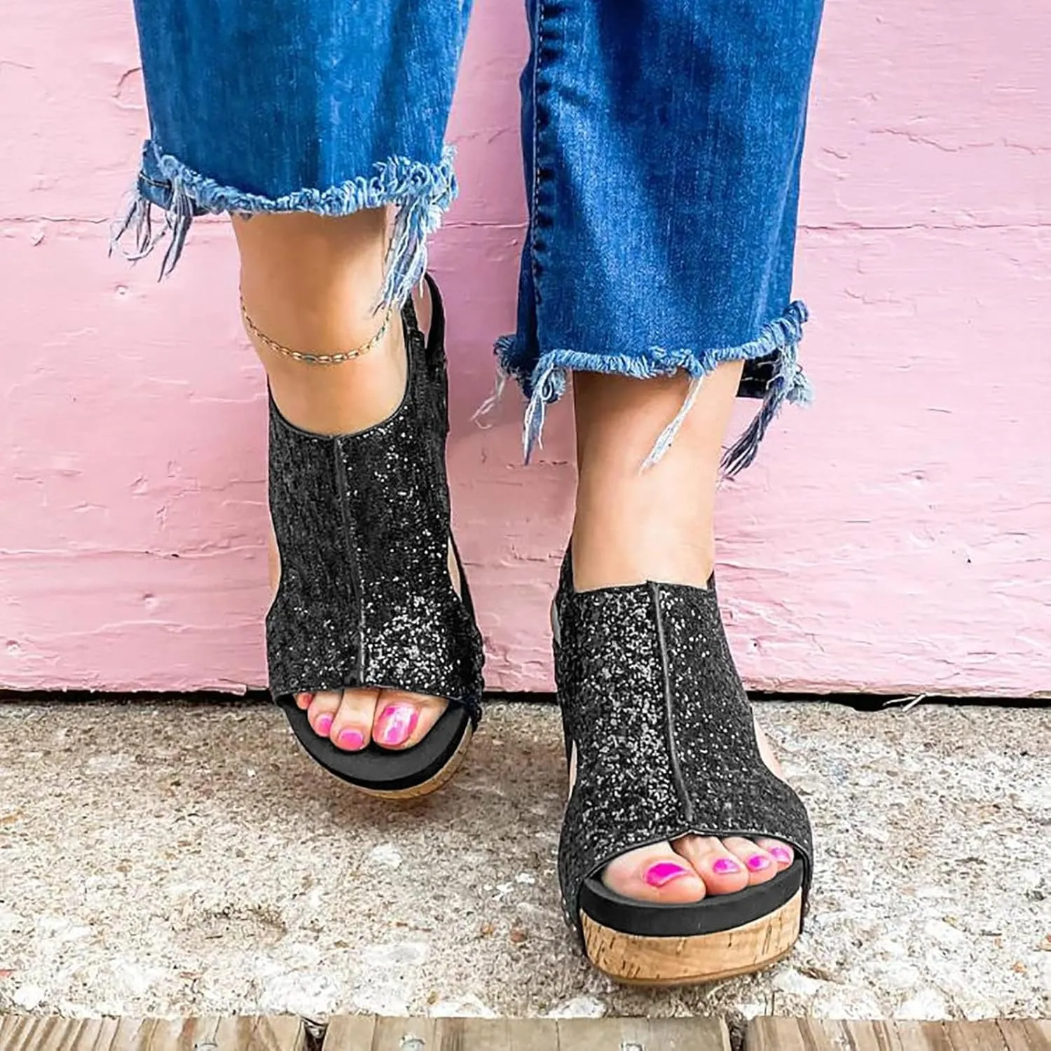 Womens Wedge Sandals Comfortable Open Toe Espadrilles Platform Sandals Buckle Ankle Strap Wedge Sandals Summer Slingback Bling Sandals