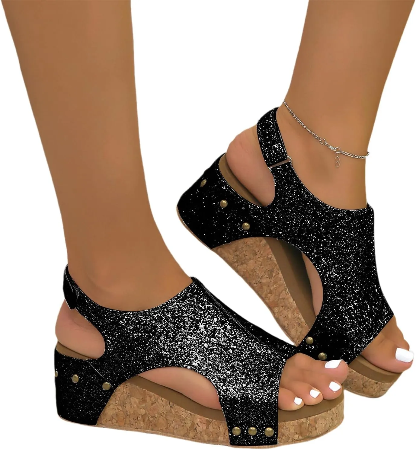 Womens Wedge Sandals Comfortable Open Toe Espadrilles Platform Sandals Buckle Ankle Strap Wedge Sandals Summer Slingback Bling Sandals