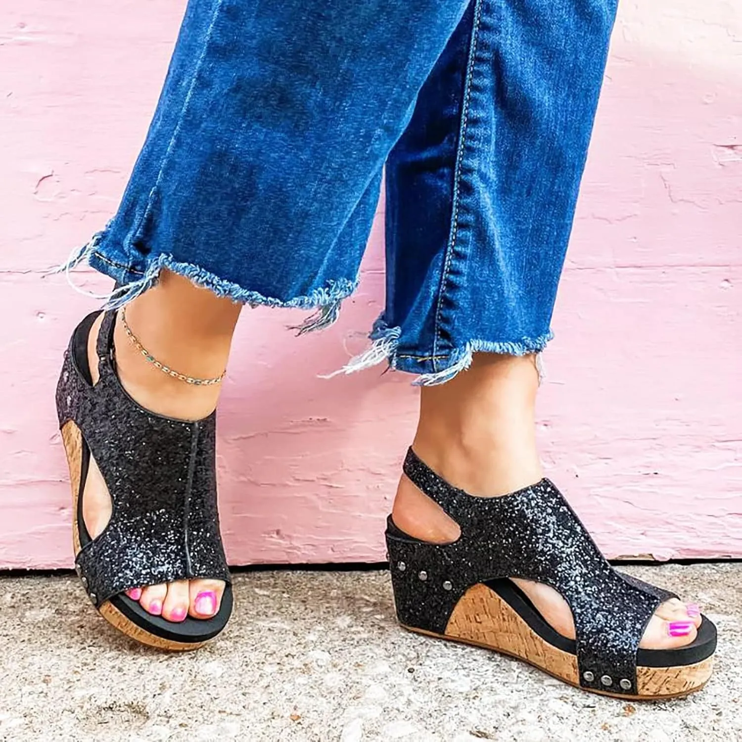 Womens Wedge Sandals Comfortable Open Toe Espadrilles Platform Sandals Buckle Ankle Strap Wedge Sandals Summer Slingback Bling Sandals