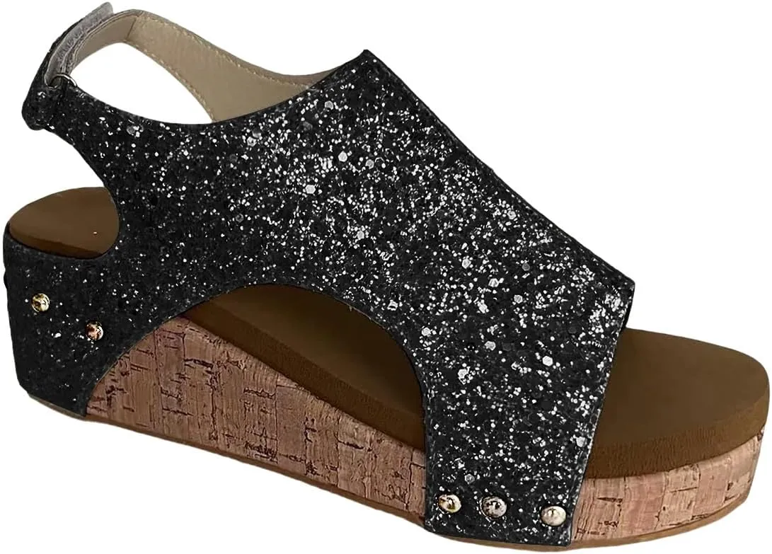 Womens Wedge Sandals Comfortable Open Toe Espadrilles Platform Sandals Buckle Ankle Strap Wedge Sandals Summer Slingback Bling Sandals