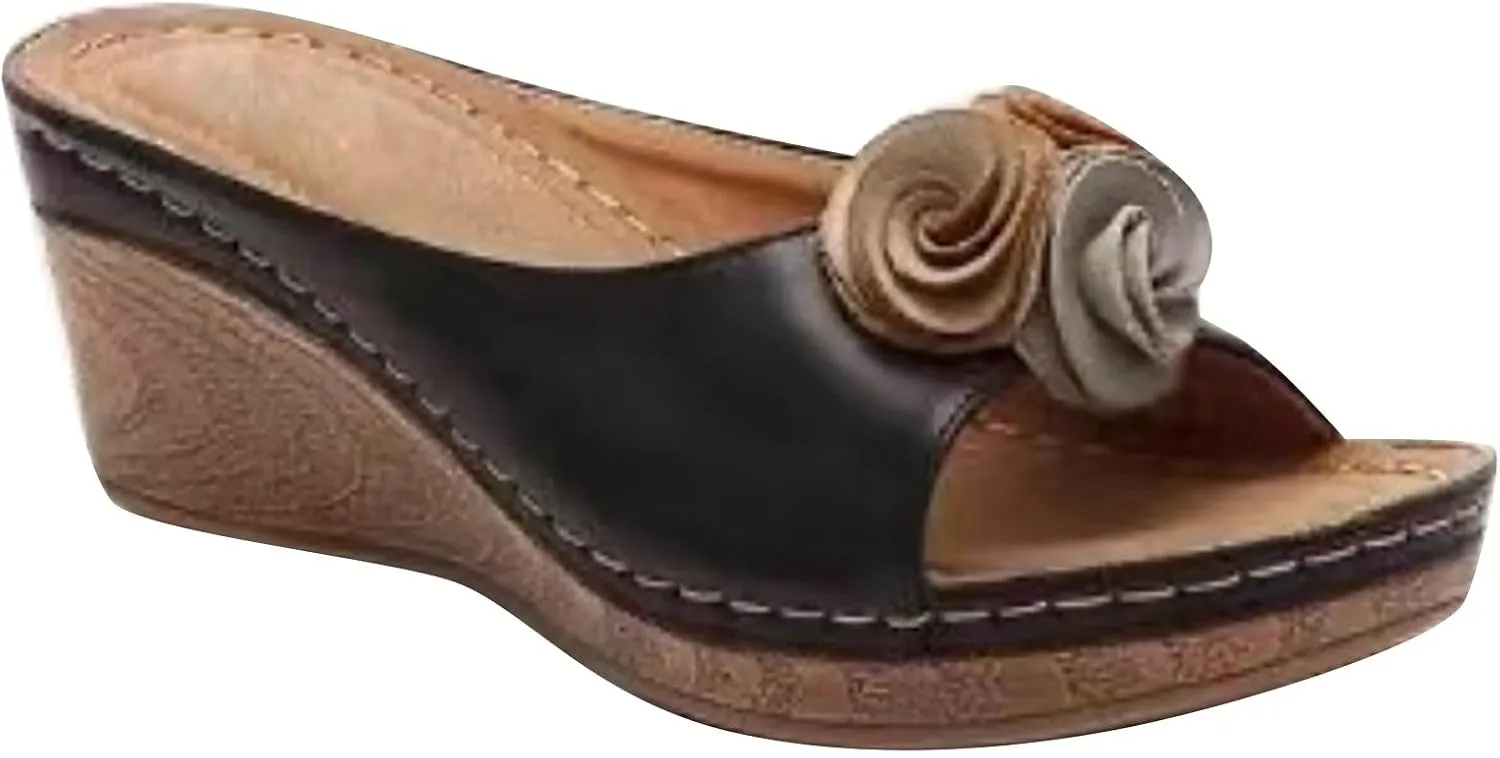 Womens Wedge Sandals Open Toe Mid Heel Platform Sandals Vegan Leather Floral Slip On Dress Shoes Wide Width Fish Mouth Beach Shoes