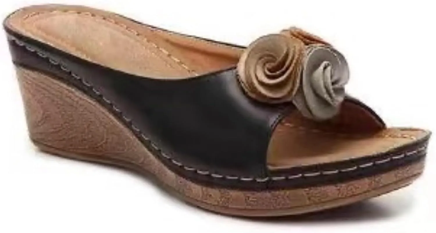 Womens Wedge Sandals Open Toe Mid Heel Platform Sandals Vegan Leather Floral Slip On Dress Shoes Wide Width Fish Mouth Beach Shoes