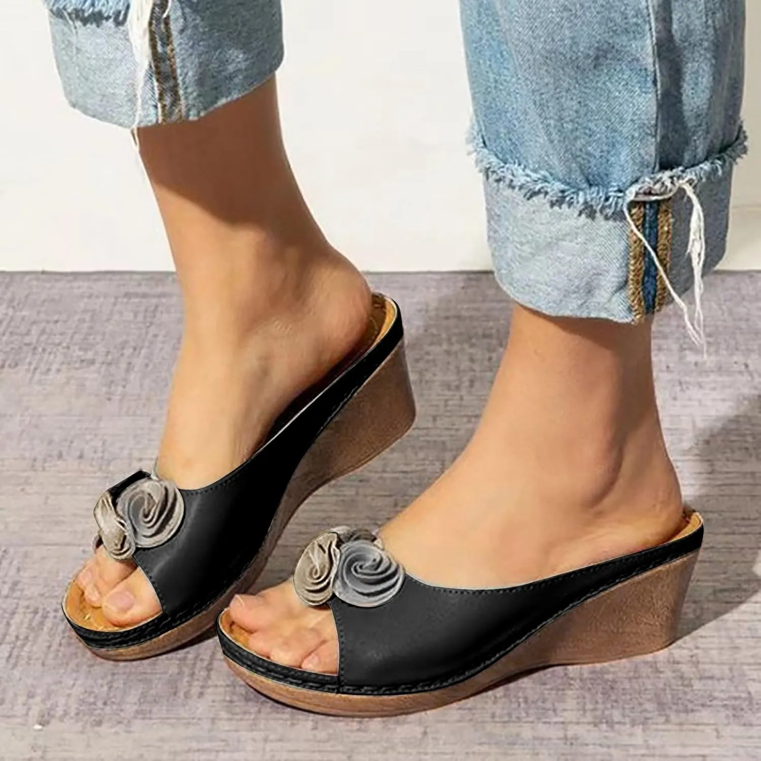 Womens Wedge Sandals Open Toe Mid Heel Platform Sandals Vegan Leather Floral Slip On Dress Shoes Wide Width Fish Mouth Beach Shoes