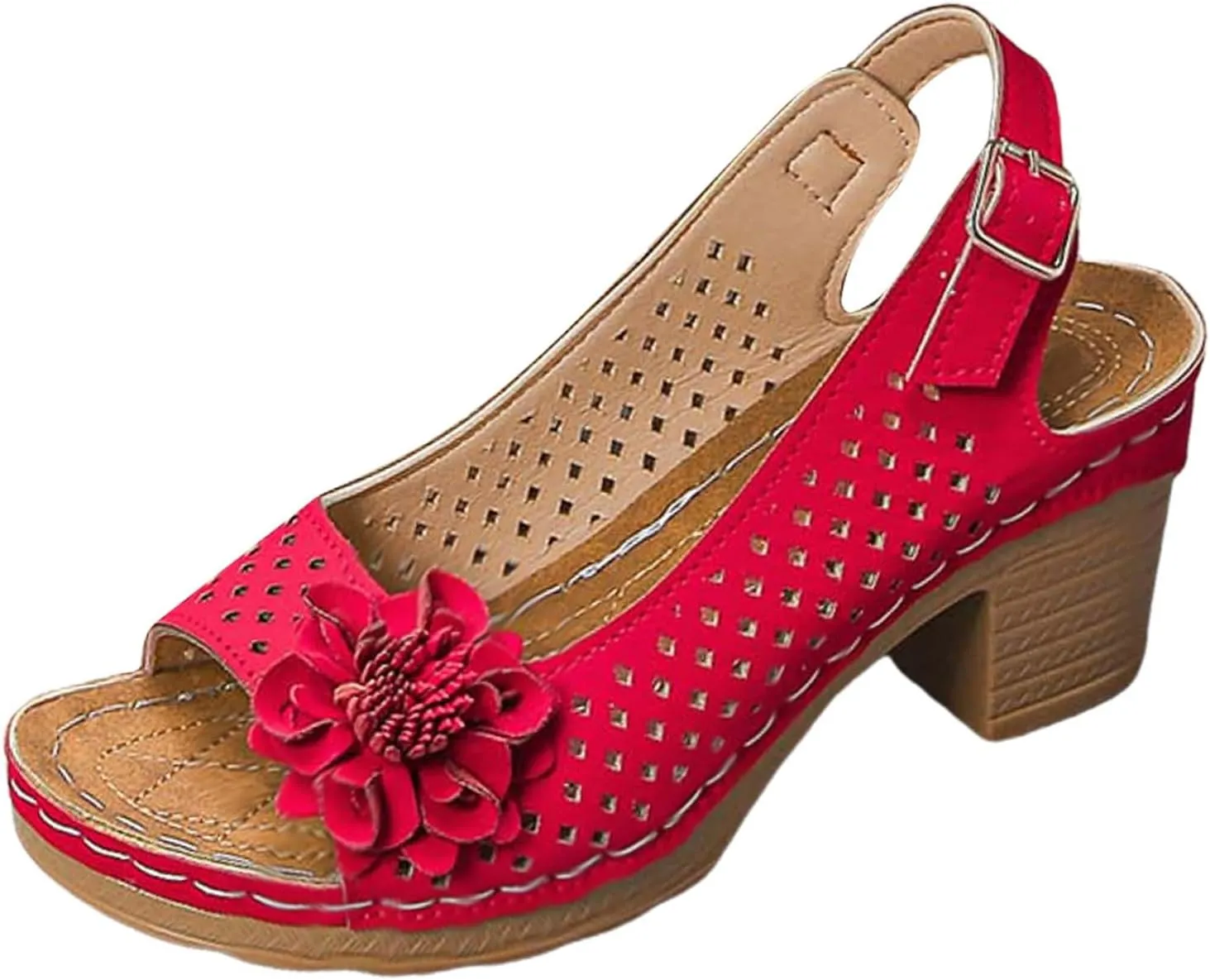 Womens Wedges Sandals High Heel Buckle Flower Leather Sandals Casual Summer Dress Shoes