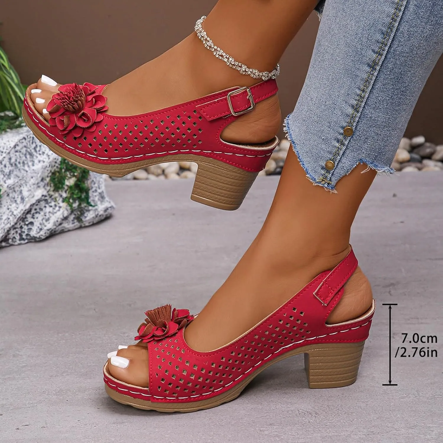 Womens Wedges Sandals High Heel Buckle Flower Leather Sandals Casual Summer Dress Shoes