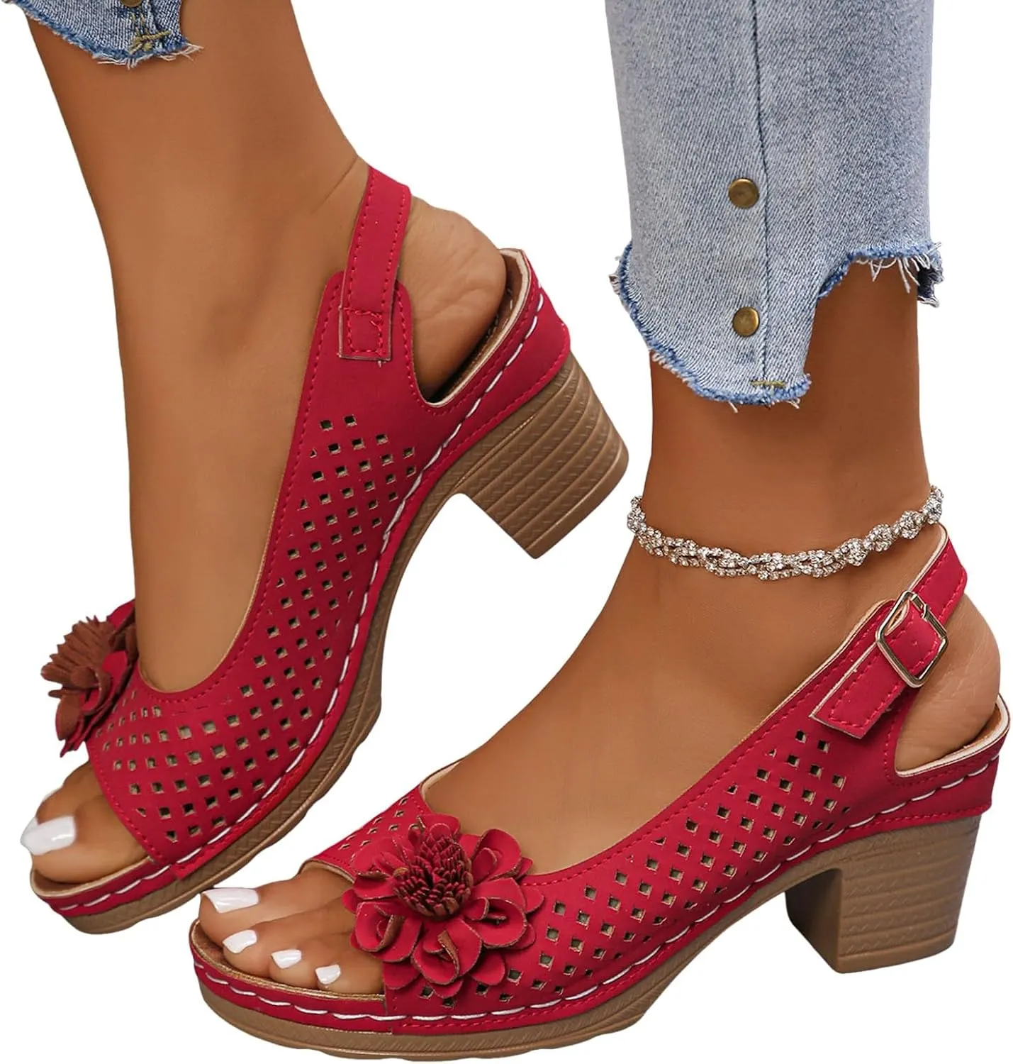 Womens Wedges Sandals High Heel Buckle Flower Leather Sandals Casual Summer Dress Shoes