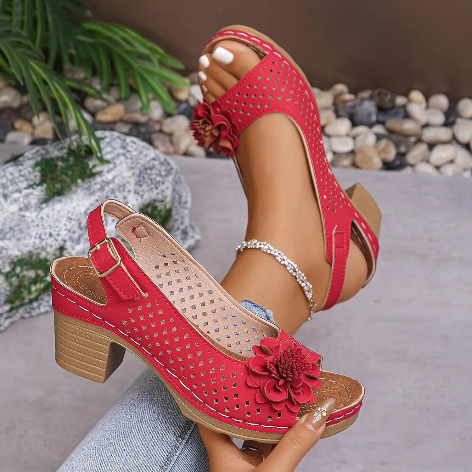Womens Wedges Sandals High Heel Buckle Flower Leather Sandals Casual Summer Dress Shoes