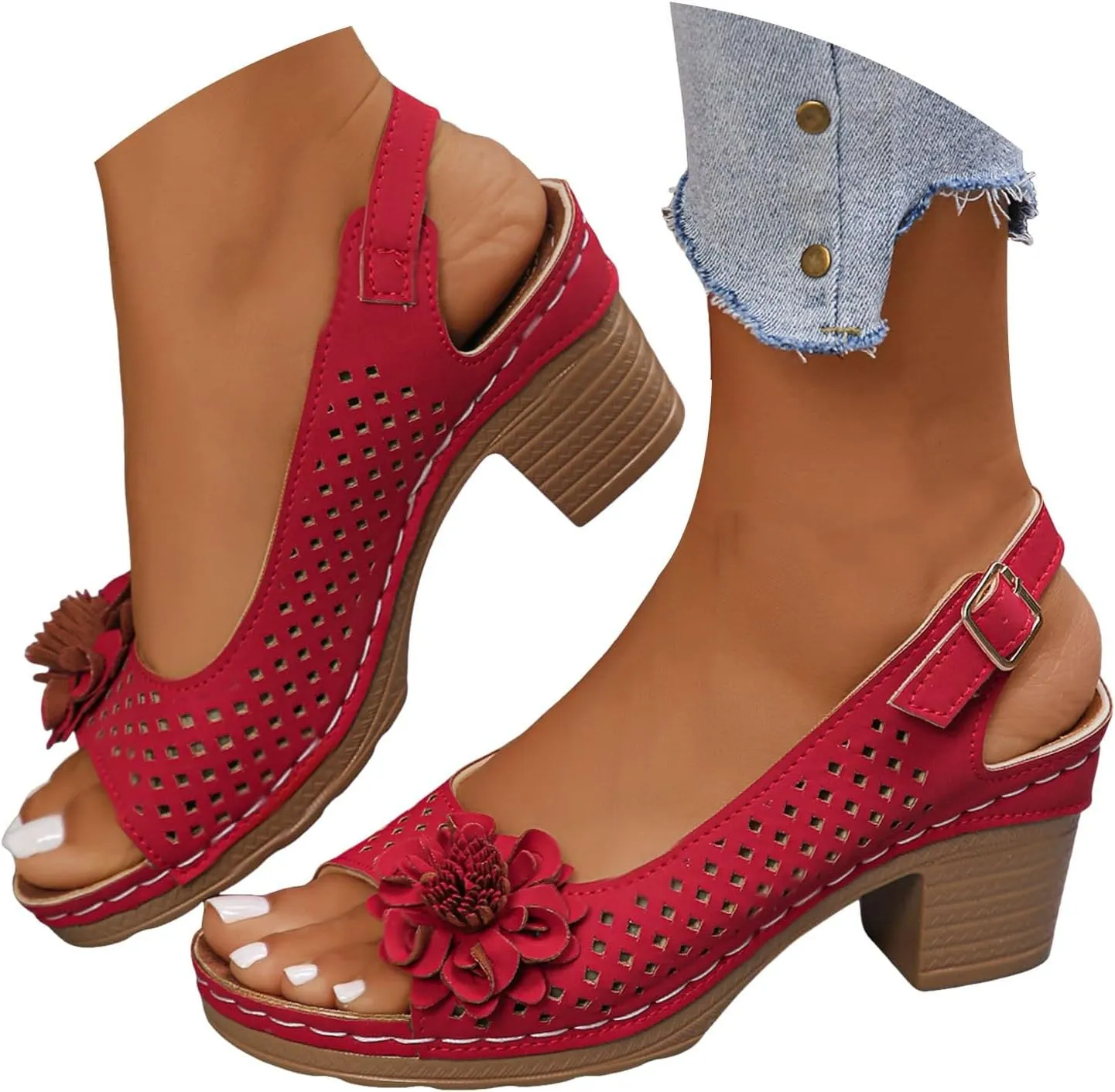 Womens Wedges Sandals High Heel Buckle Flower Leather Sandals Casual Summer Dress Shoes