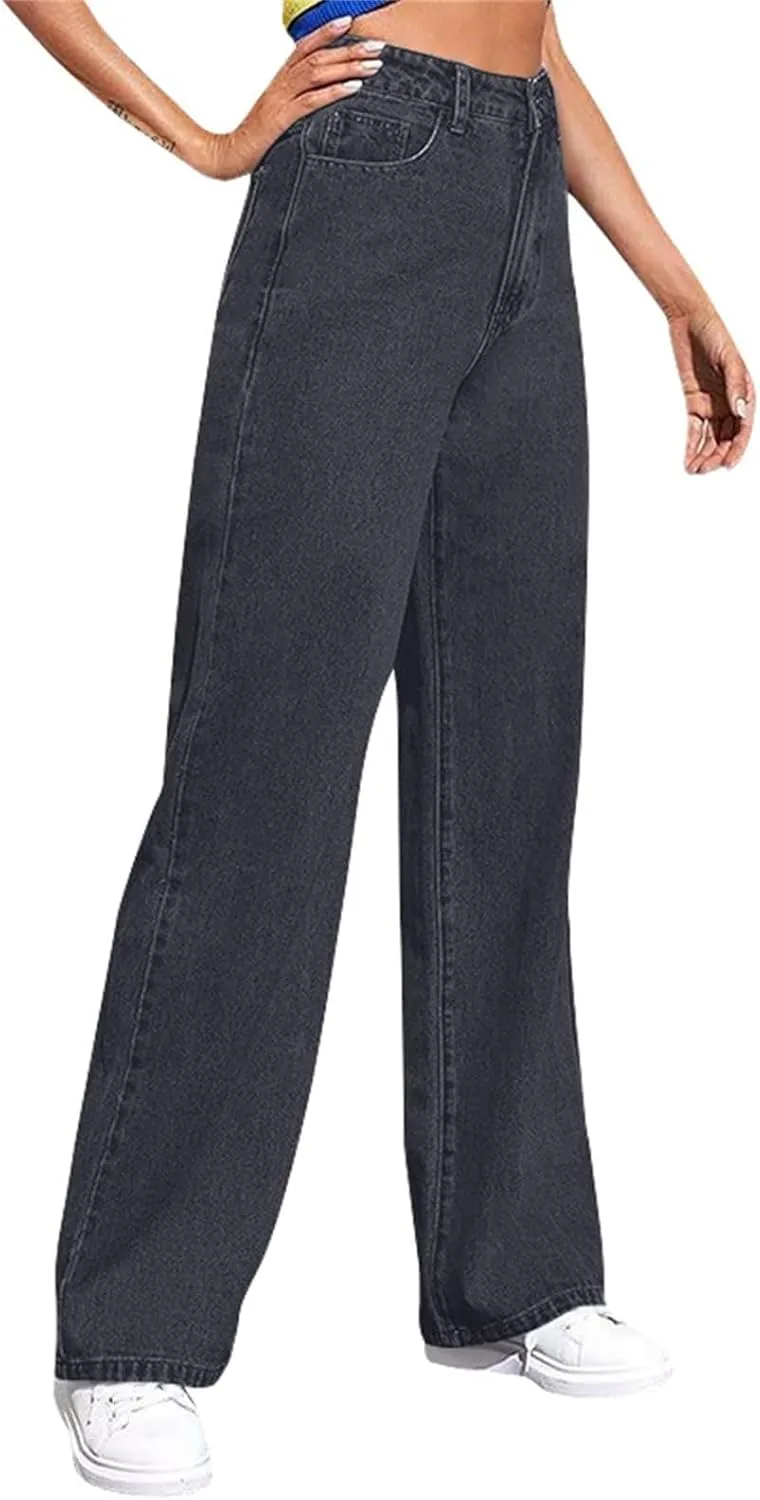 Women's Wide Leg Jeans Casual High Waisted Straight Leg Stretchy Denim Pants Lightweight Trendy Jeans with Pockets