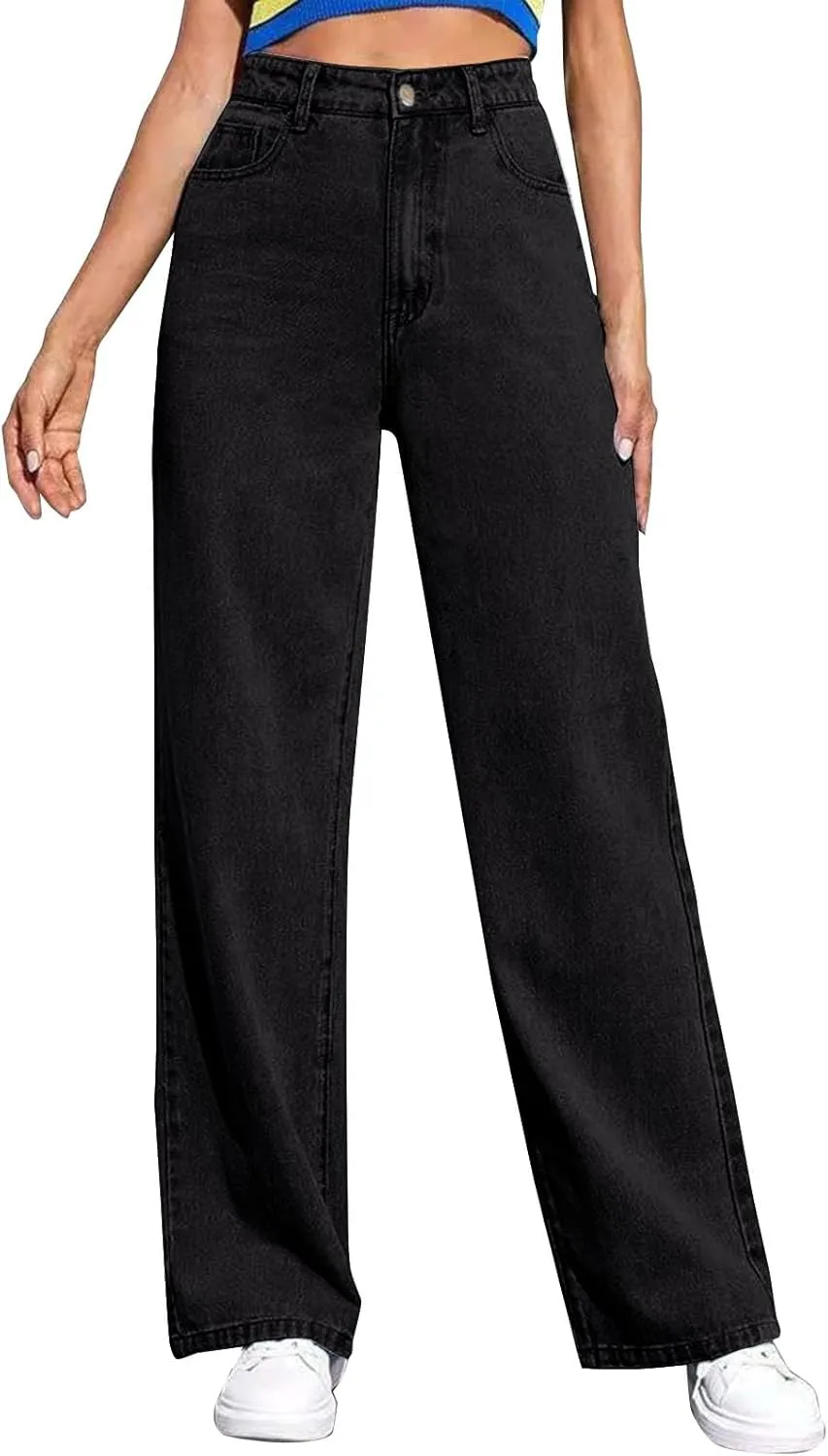 Women's Wide Leg Jeans Casual High Waisted Straight Leg Stretchy Denim Pants Lightweight Trendy Jeans with Pockets