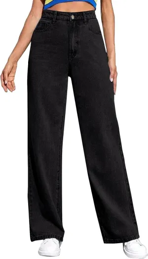 Women's Wide Leg Jeans Casual High Waisted Straight Leg Stretchy Denim Pants Lightweight Trendy Jeans with Pockets