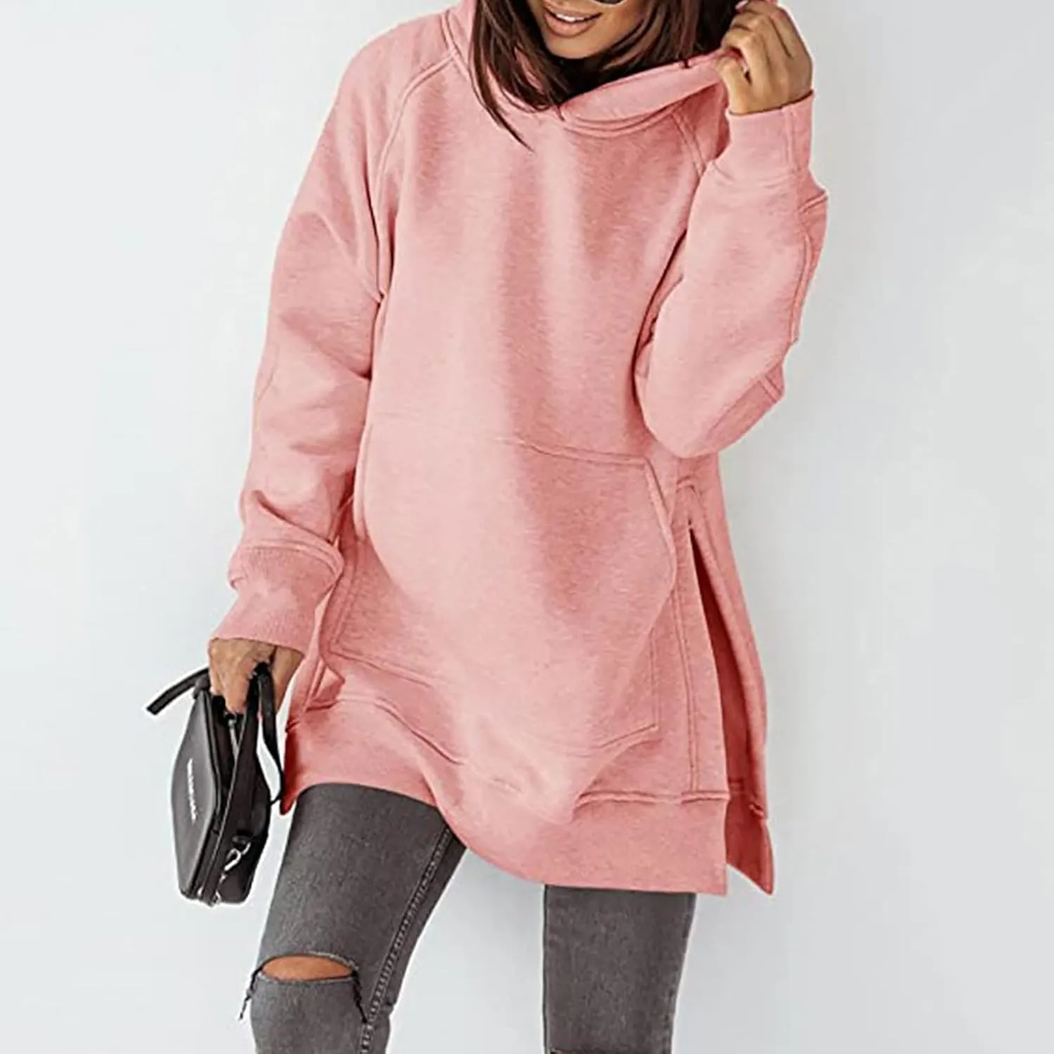 Women's Winter Oversized Hoodies Stylish Long Sleeve High Split Hem Pullover Casual High Low Sweatshirt With Pocket