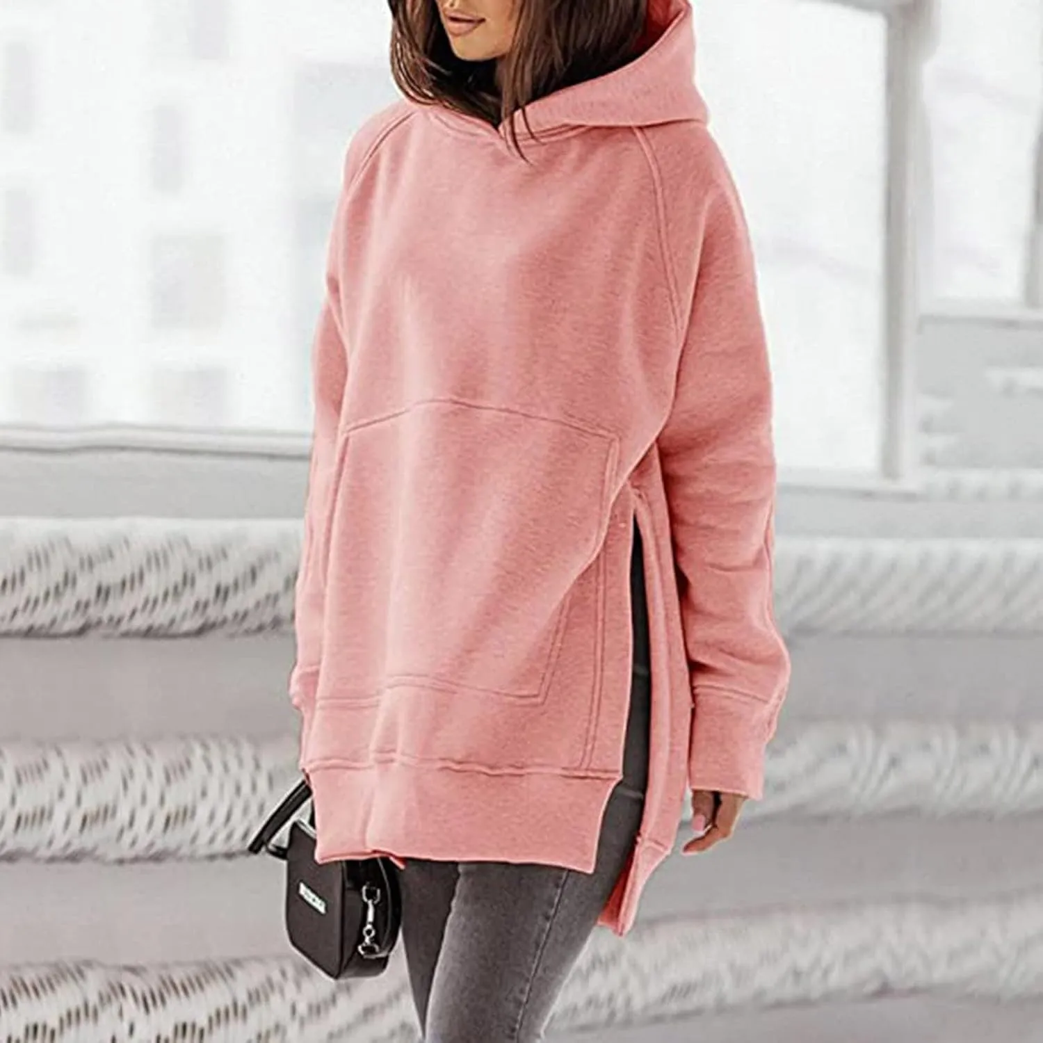 Women's Winter Oversized Hoodies Stylish Long Sleeve High Split Hem Pullover Casual High Low Sweatshirt With Pocket