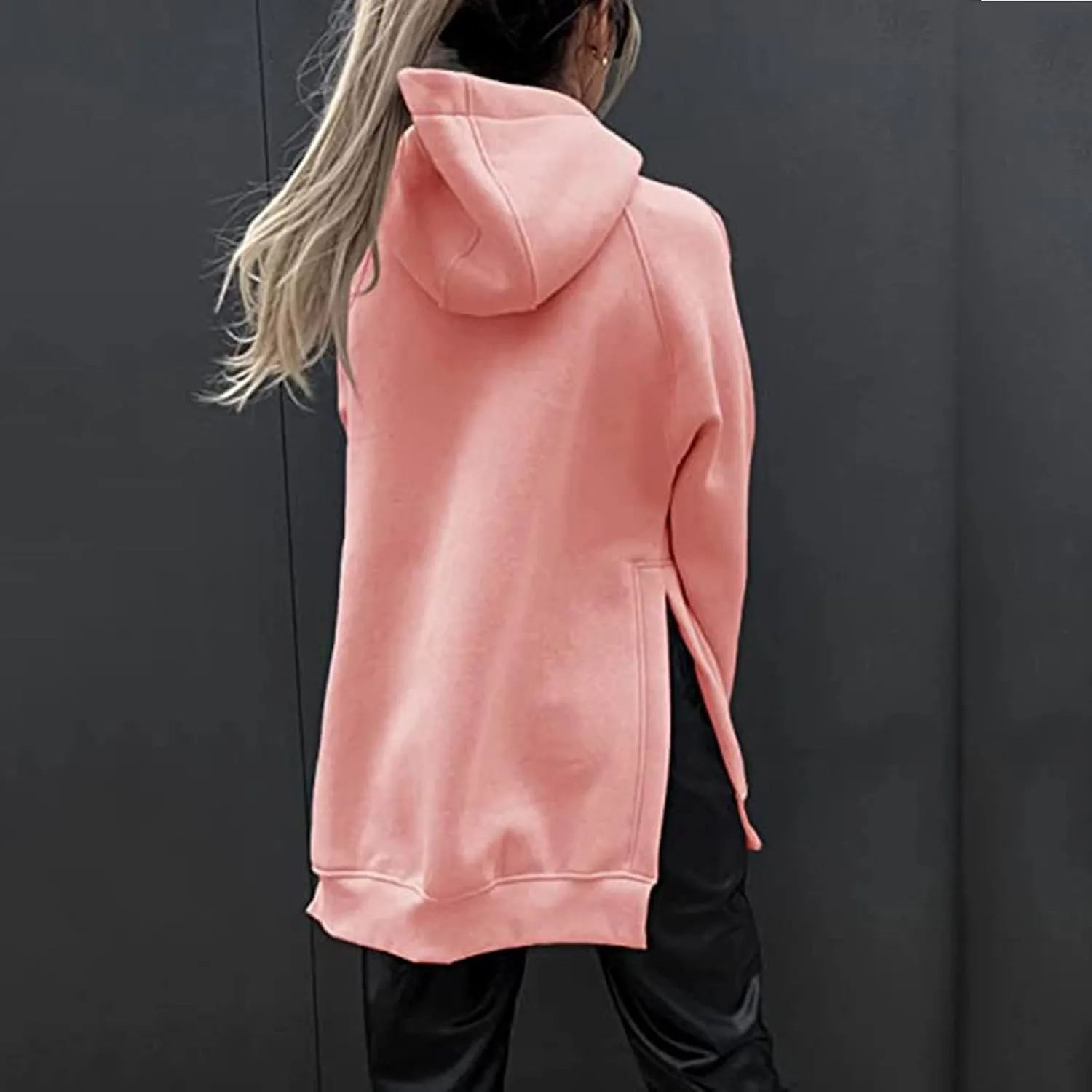 Women's Winter Oversized Hoodies Stylish Long Sleeve High Split Hem Pullover Casual High Low Sweatshirt With Pocket