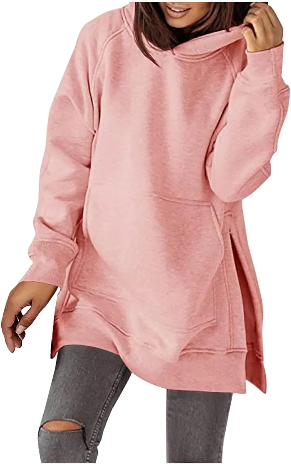 Women's Winter Oversized Hoodies Stylish Long Sleeve High Split Hem Pullover Casual High Low Sweatshirt With Pocket