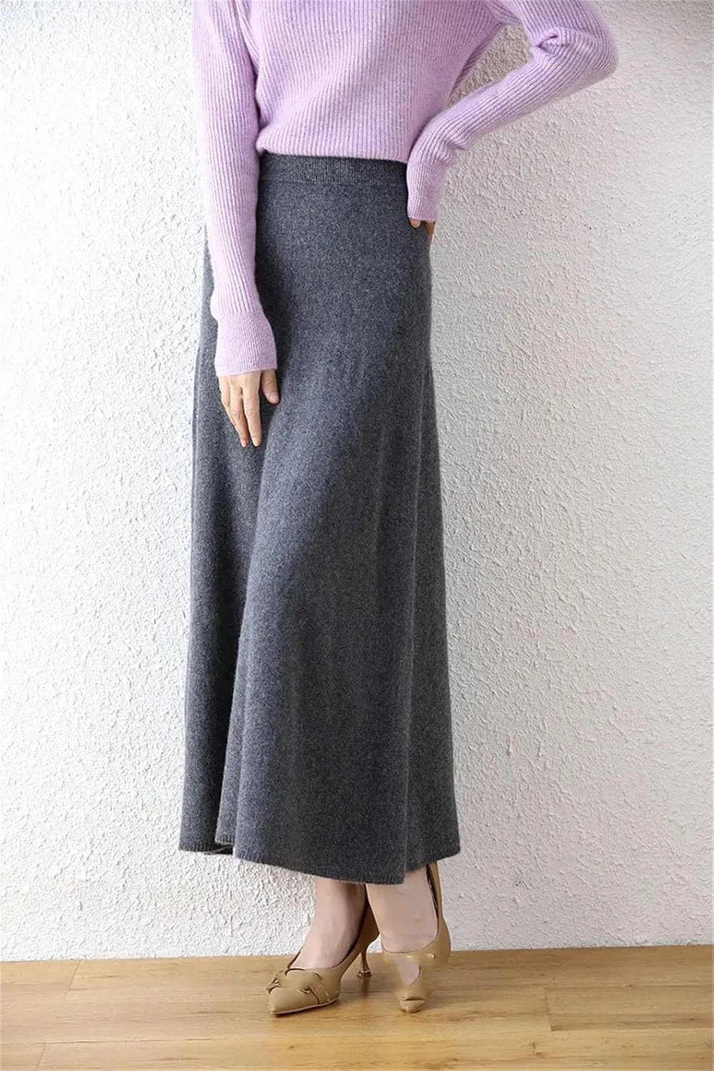 Women's Wool Over-The-Knee Skirt A-Line Long Skirt Vintage Classic Pleated Knit Sweater Midi Skirts