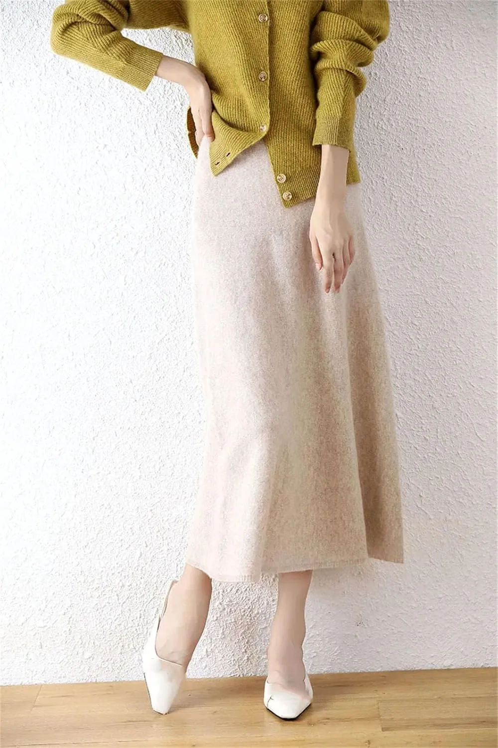 Women's Wool Over-The-Knee Skirt A-Line Long Skirt Vintage Classic Pleated Knit Sweater Midi Skirts