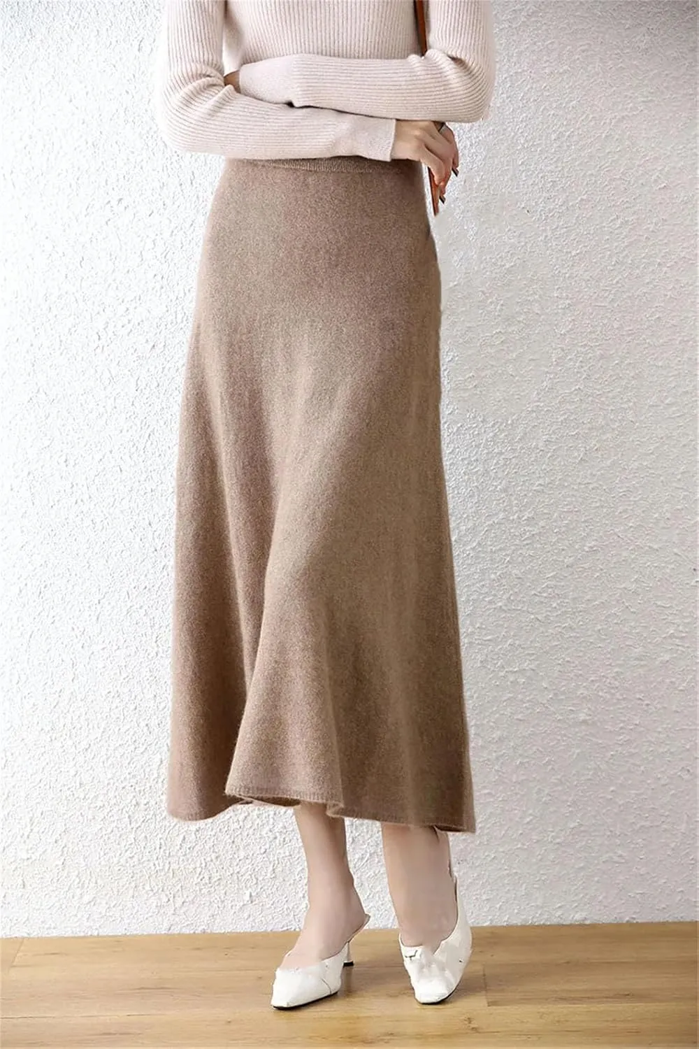 Women's Wool Over-The-Knee Skirt A-Line Long Skirt Vintage Classic Pleated Knit Sweater Midi Skirts