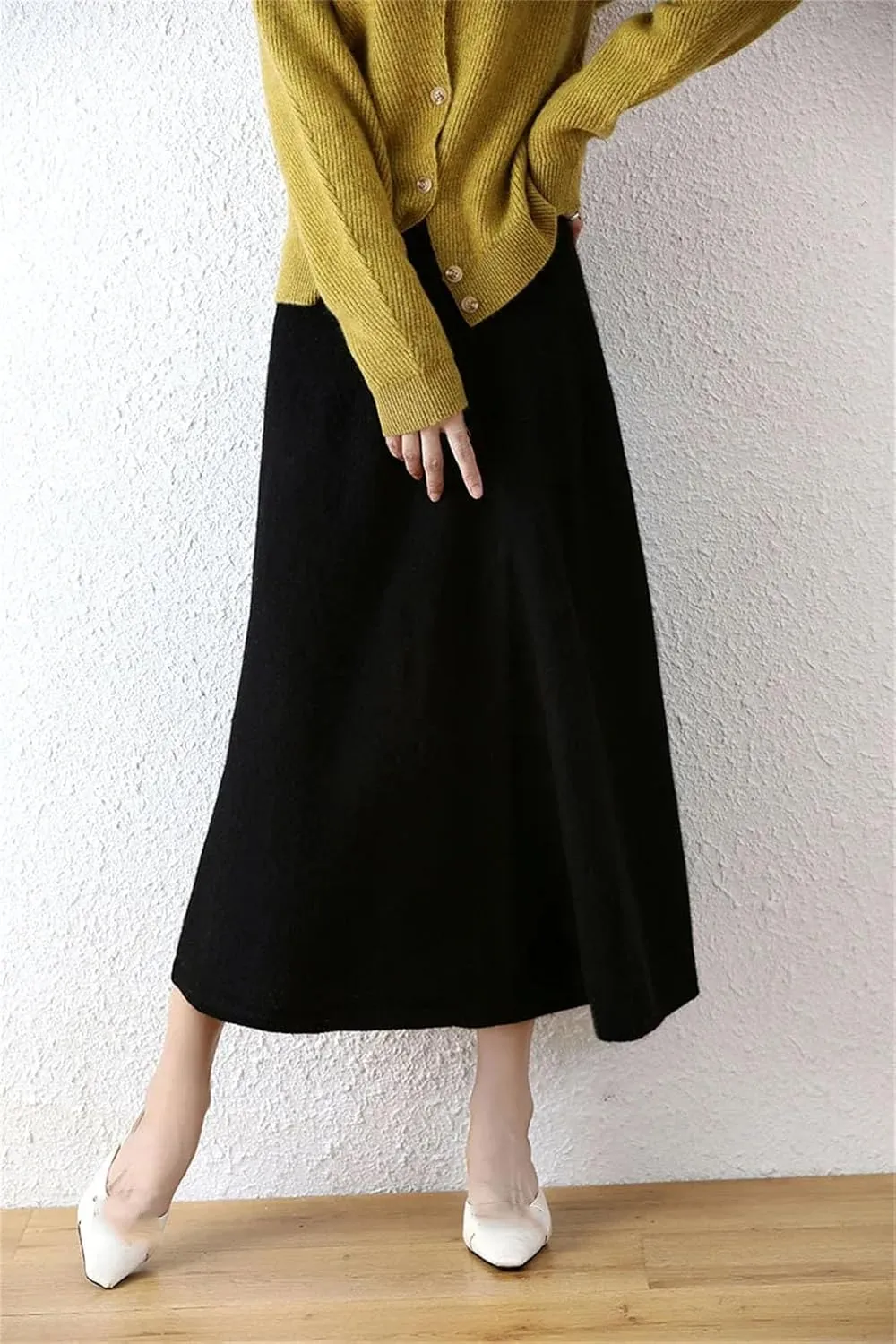 Women's Wool Over-The-Knee Skirt A-Line Long Skirt Vintage Classic Pleated Knit Sweater Midi Skirts