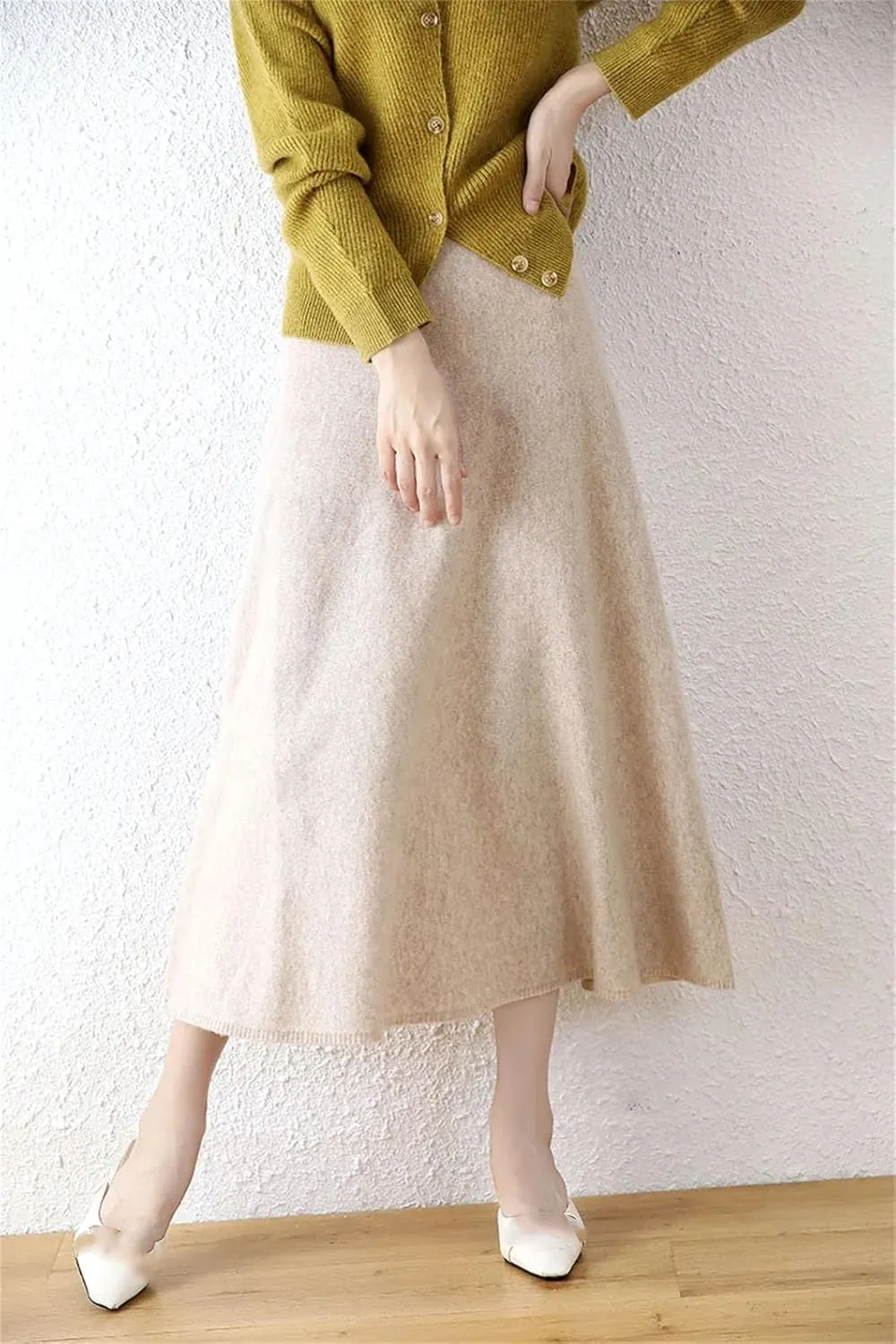 Women's Wool Over-The-Knee Skirt A-Line Long Skirt Vintage Classic Pleated Knit Sweater Midi Skirts