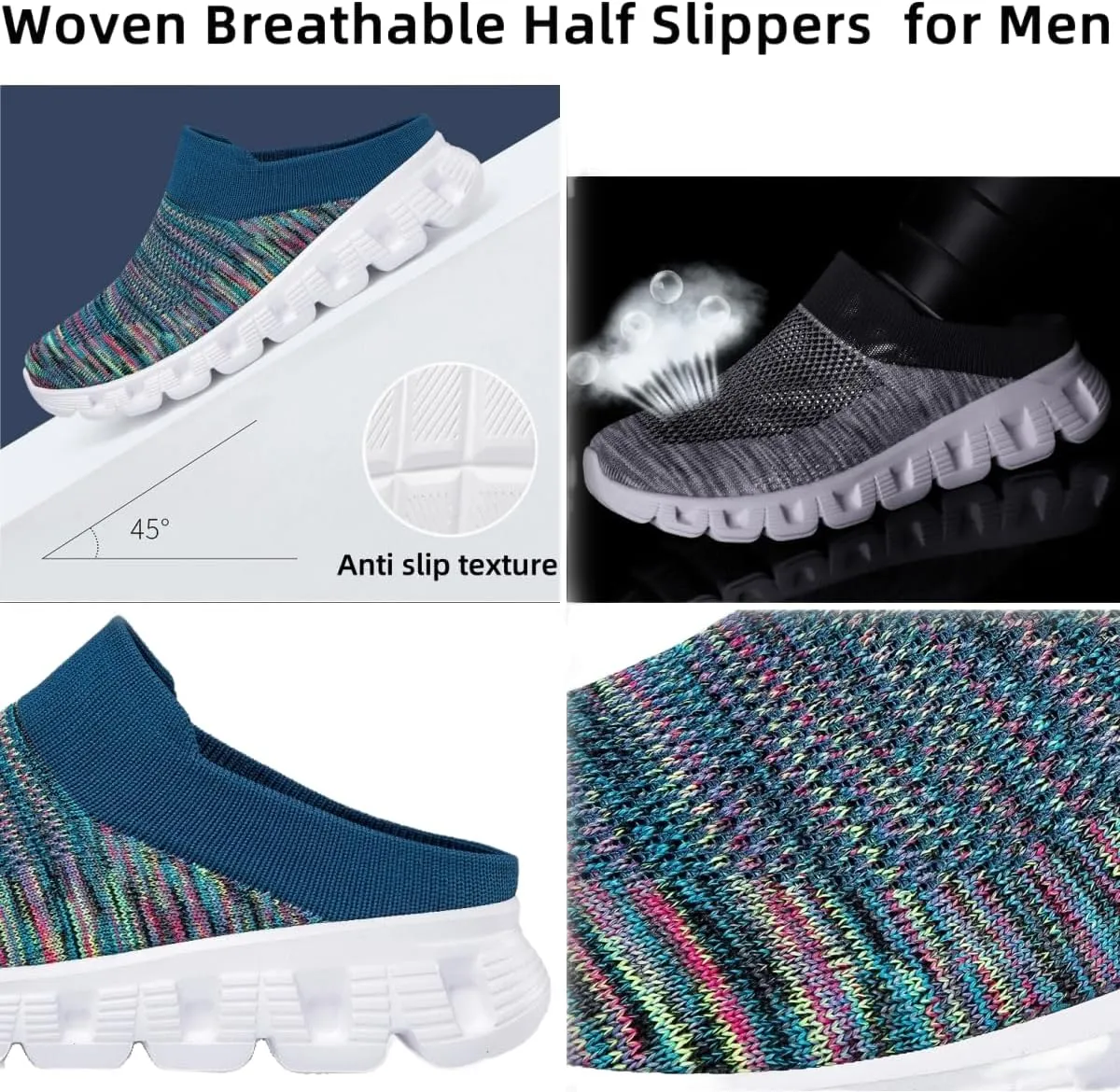 Woven Breathable Half Slippers for Men, Walking Mules with Arch Support, Mens Summer Orthopedic Hollow Out Mesh Sandals