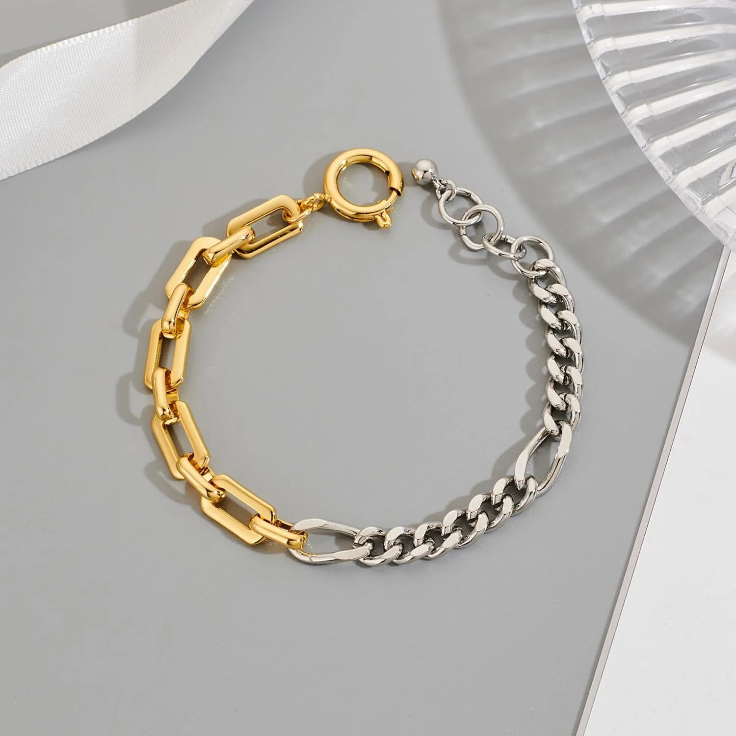 WOWORAMA Two Tone Link Chain Bracelet for Women Men Gold and Silver Paperclip Link Bracelets Unisex Mixed Metal Bracelet Thick Chunky Chain Bracelets