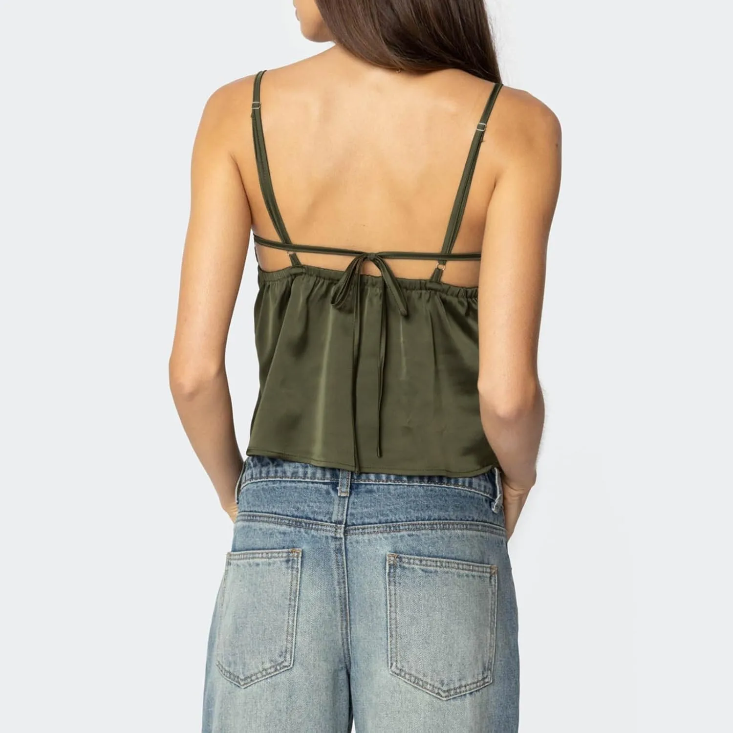 Y2k Strappy Ruched Tank Tops Women Sleeveless Backless V Neck Bow Camisole Going Out Flowy Cute Summer Cami Tops