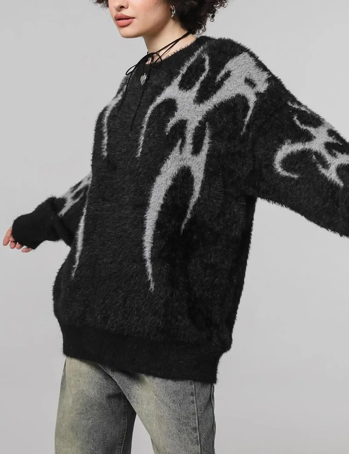 Yimoon Mens Oversized Sweaters Y2K Aesthetic Flame Graphic Crewneck Knitted Casual Pullover Long Sleeve Jumpers