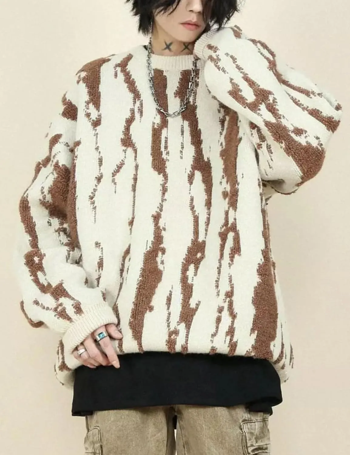 Yimoon Mens Oversized Sweaters Y2K Aesthetic Flame Graphic Crewneck Knitted Casual Pullover Long Sleeve Jumpers