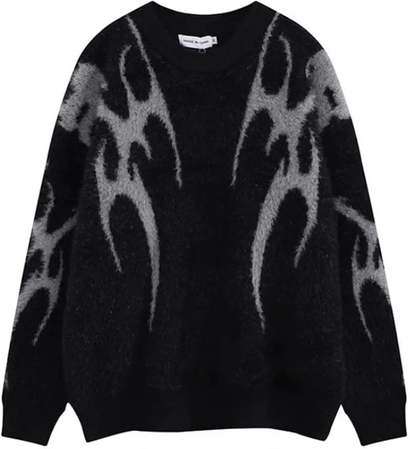 Yimoon Mens Oversized Sweaters Y2K Aesthetic Flame Graphic Crewneck Knitted Casual Pullover Long Sleeve Jumpers