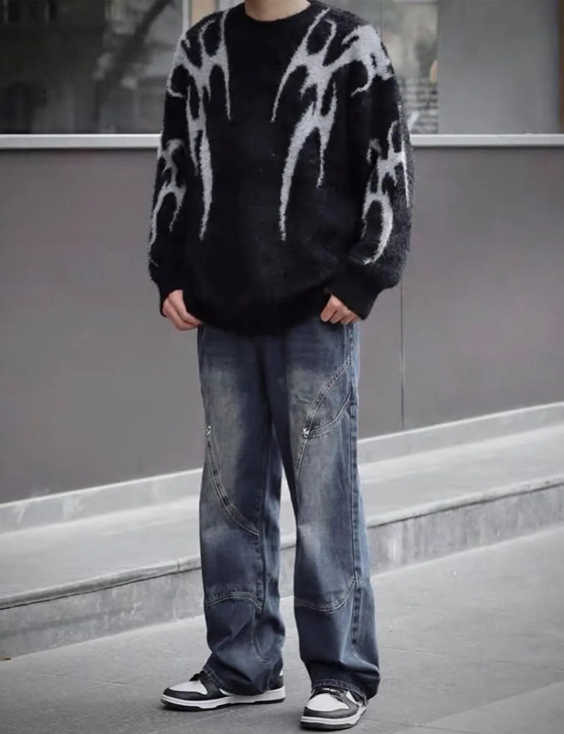 Yimoon Mens Oversized Sweaters Y2K Aesthetic Flame Graphic Crewneck Knitted Casual Pullover Long Sleeve Jumpers