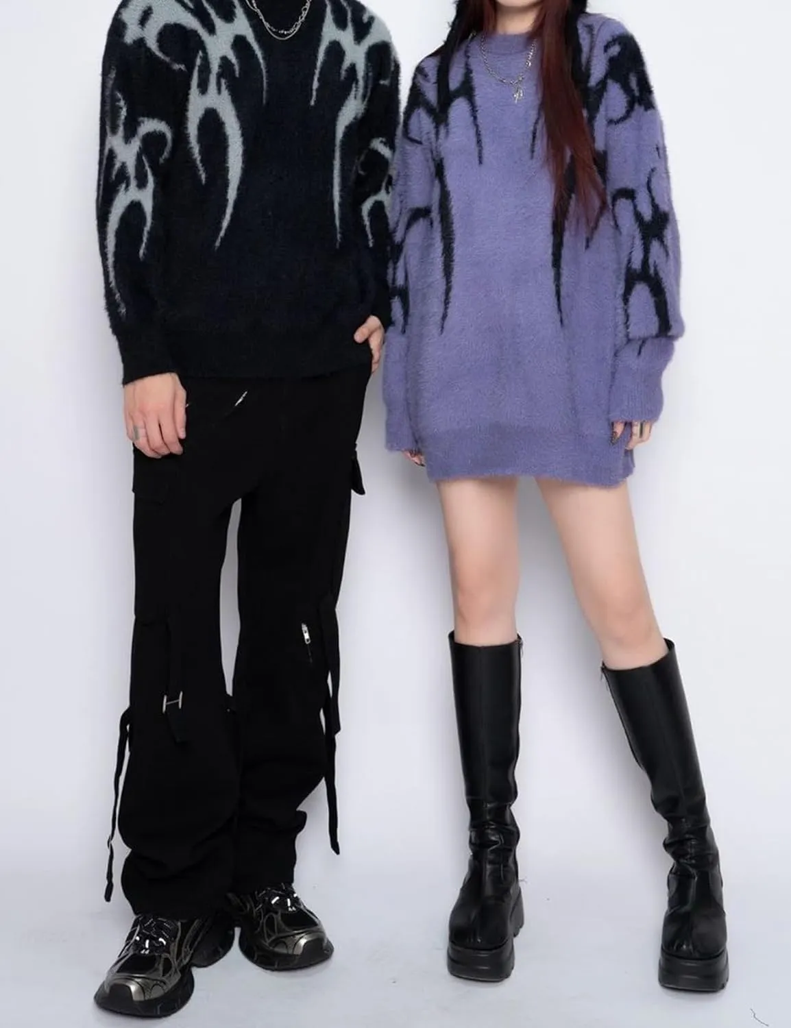 Yimoon Mens Oversized Sweaters Y2K Aesthetic Flame Graphic Crewneck Knitted Casual Pullover Long Sleeve Jumpers