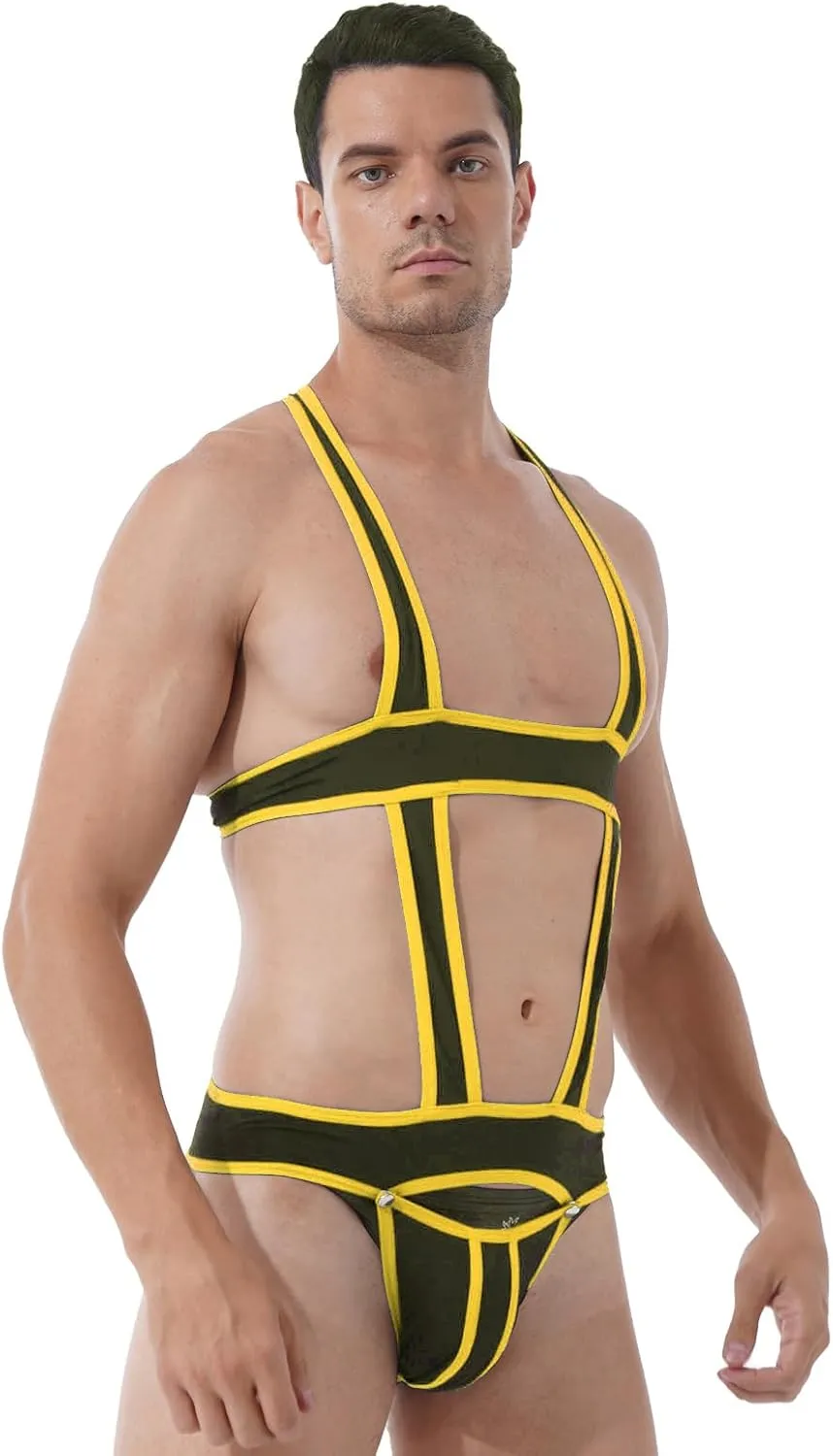 YiZYiF Men's Elastic Body Chest Harness Bandage Lingerie Jock Straps Bodysuits Clubwear Costume