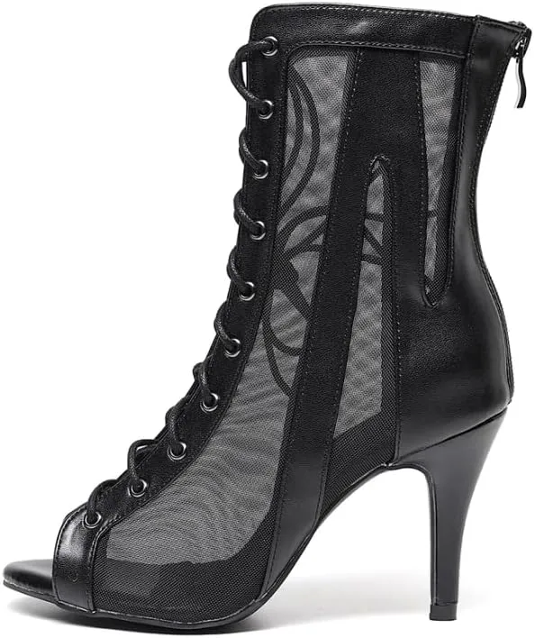 YKXLM Latin Dance Boots for Women Salsa Ballroom Dance Shoes,Black-3.33inches,7235-suede Sole,5US