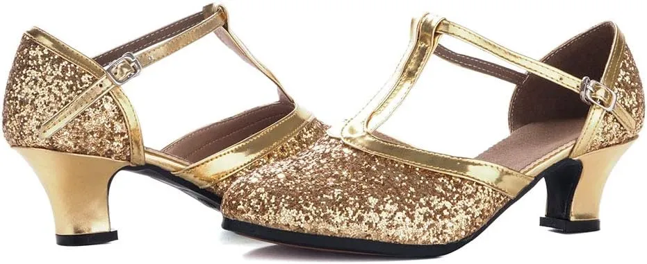 YKXLM Sequins Ballroom Dance Shoes Closed Toe T Strap Low Heels Dress Shoes Women,Model KM838