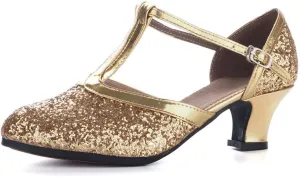 YKXLM Sequins Ballroom Dance Shoes Closed Toe T Strap Low Heels Dress Shoes Women,Model KM838