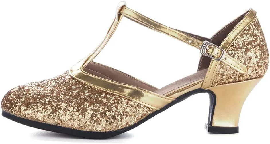 YKXLM Sequins Ballroom Dance Shoes Closed Toe T Strap Low Heels Dress Shoes Women,Model KM838