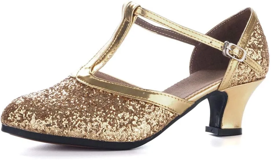 YKXLM Sequins Ballroom Dance Shoes Closed Toe T Strap Low Heels Dress Shoes Women,Model KM838