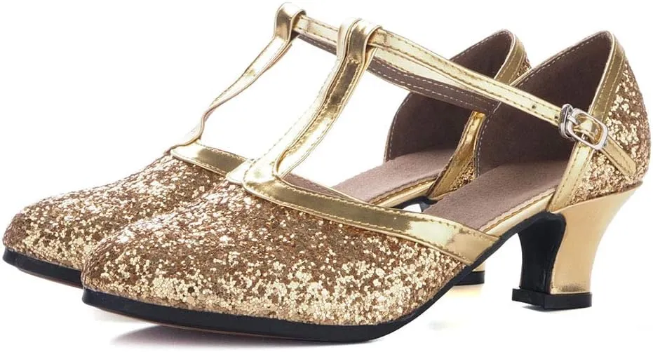YKXLM Sequins Ballroom Dance Shoes Closed Toe T Strap Low Heels Dress Shoes Women,Model KM838