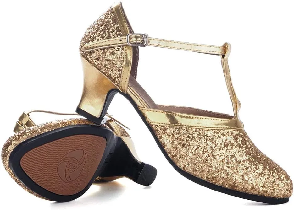 YKXLM Sequins Ballroom Dance Shoes Closed Toe T Strap Low Heels Dress Shoes Women,Model KM838