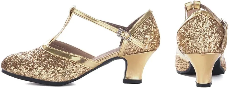 YKXLM Sequins Ballroom Dance Shoes Closed Toe T Strap Low Heels Dress Shoes Women,Model KM838