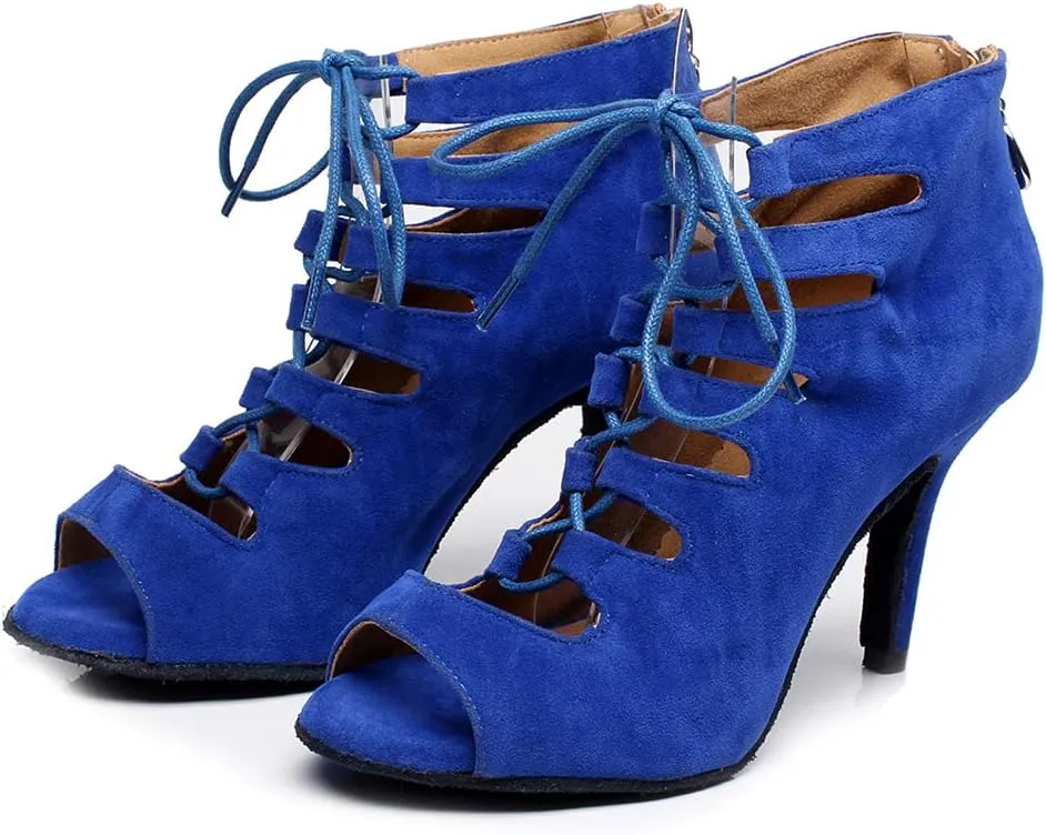 YKXLM Women Open Toe Dance Boots Latin Salsa Ballroom Lace-up Ankle Dance Shoes,YCL456