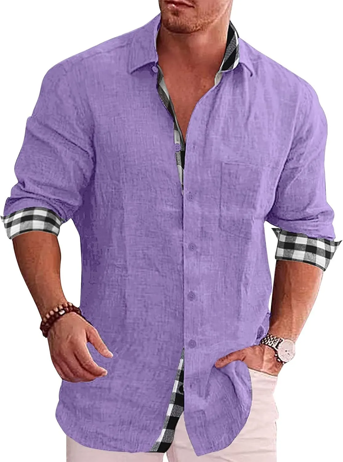 Ymosrh Men's Casual Dress Shirts Long Sleeve Classic Style Casual Button Down Plaid Collared Casual Dress Shirts, L-5XL
