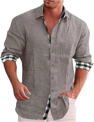 Ymosrh Men's Casual Dress Shirts Long Sleeve Classic Style Casual Button Down Plaid Collared Casual Dress Shirts, L-5XL