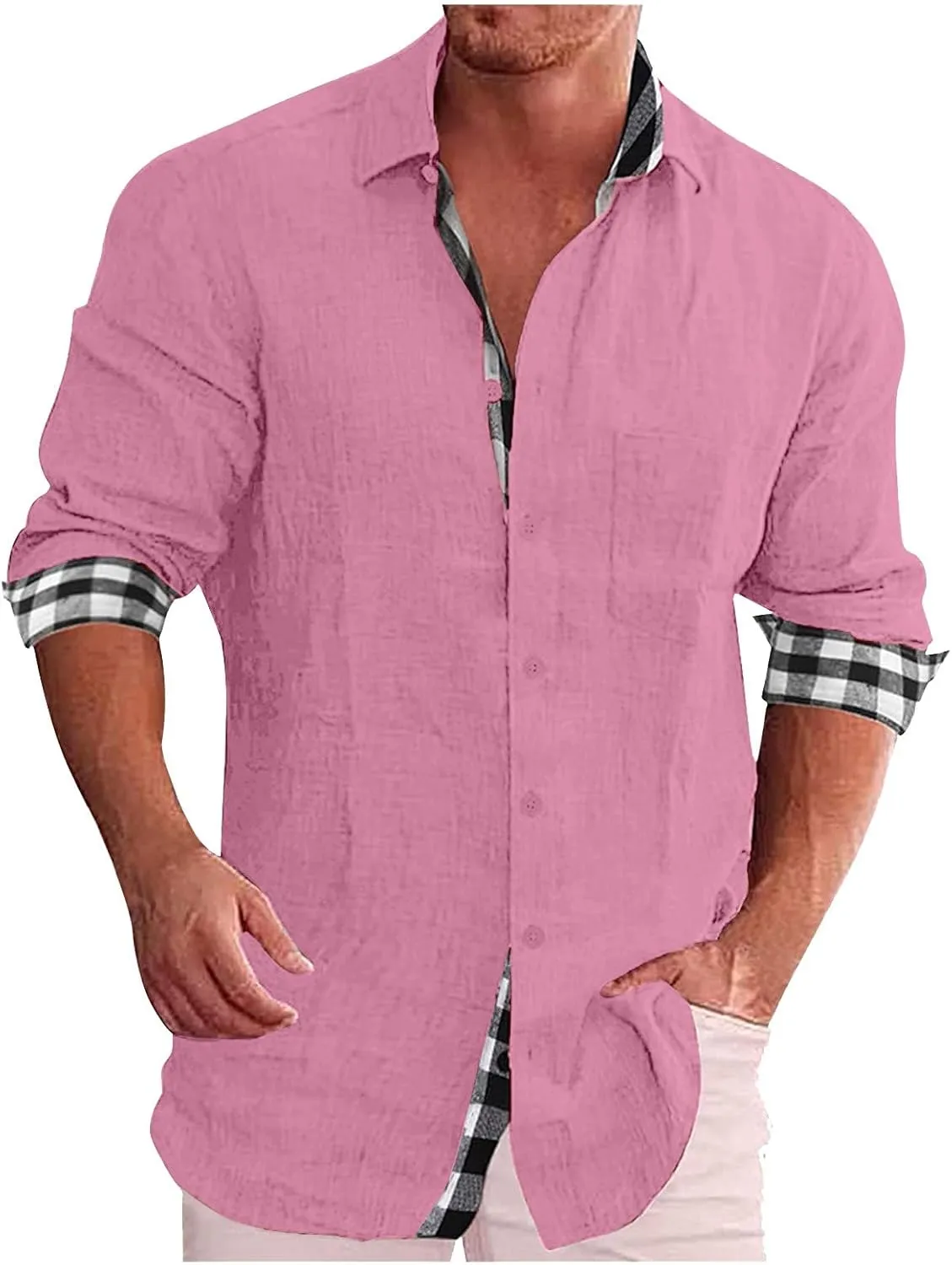 Ymosrh Men's Casual Dress Shirts Long Sleeve Classic Style Casual Button Down Plaid Collared Casual Dress Shirts, L-5XL