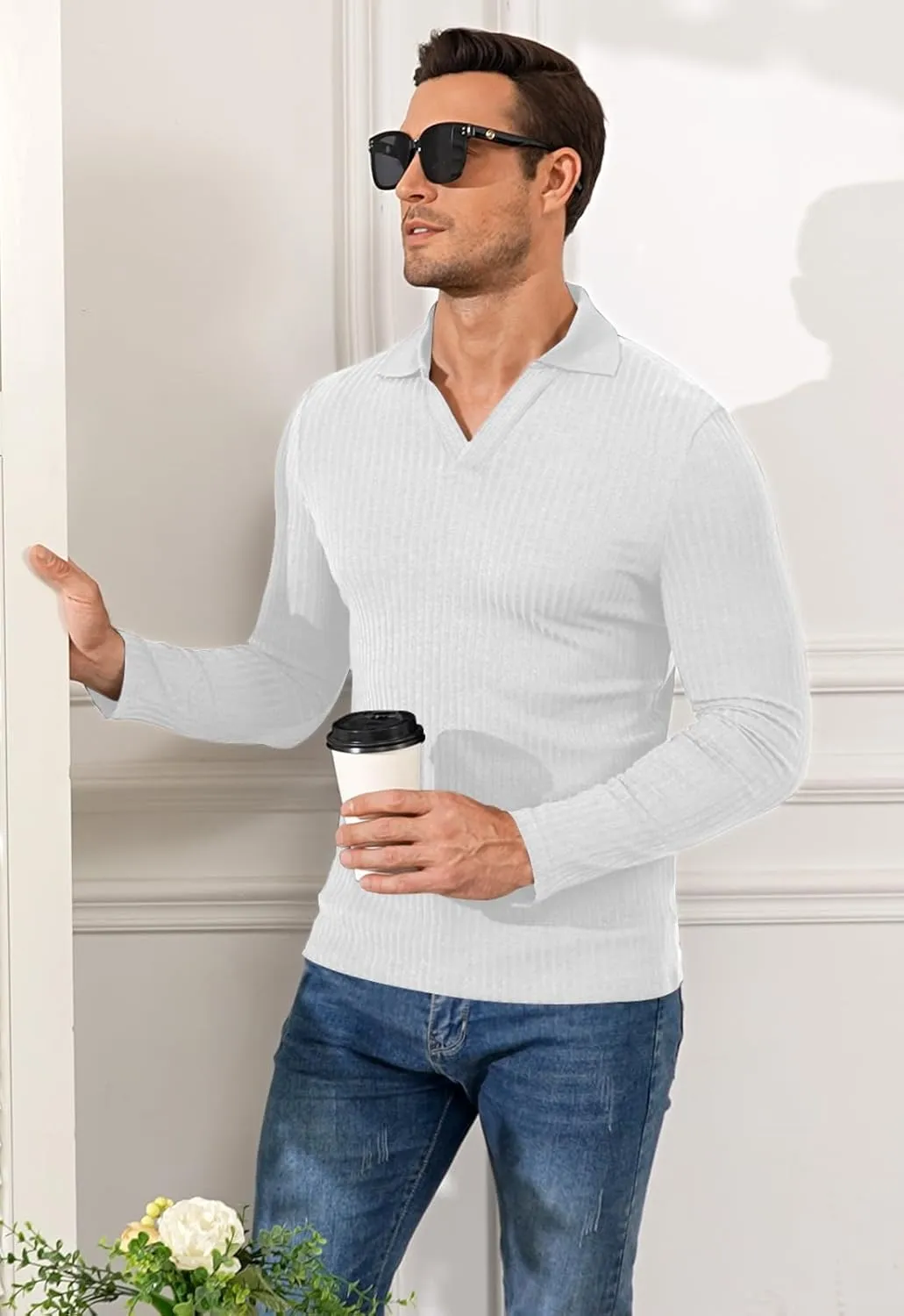 YTD Men's Muscle V Neck Polo Shirts Slim Fit Long Sleeve Golf T-Shirts Ribbed Knit Soft Casual Tees