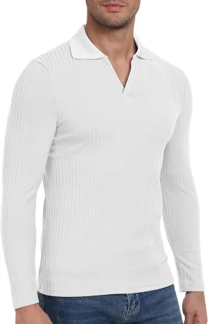 YTD Men's Muscle V Neck Polo Shirts Slim Fit Long Sleeve Golf T-Shirts Ribbed Knit Soft Casual Tees